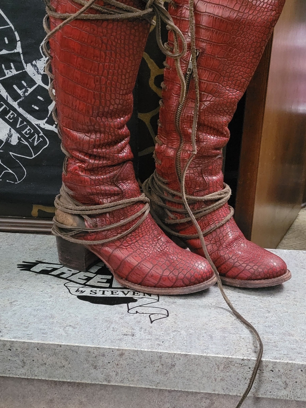 Freebird by Steven Red Croc-Embossed Knee-High Lace-Up Boots